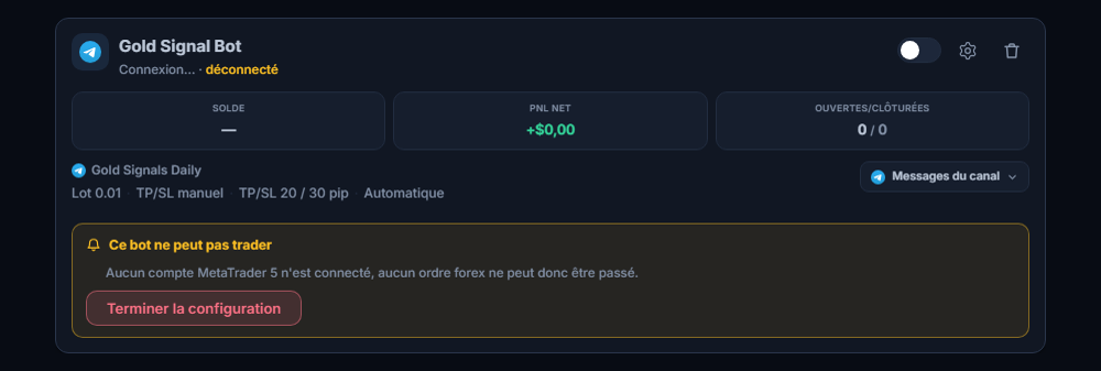 Carte d'un bot forex tout juste créé dans le panneau Mes bots : nom et source du bot, liste Ce bot ne peut pas trader et bouton Terminer la configuration