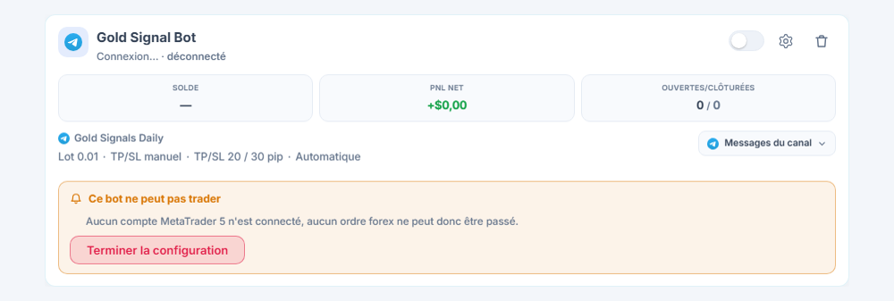 Carte d'un bot forex tout juste créé dans le panneau Mes bots : nom et source du bot, liste Ce bot ne peut pas trader et bouton Terminer la configuration