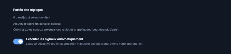 Haut de la Configuration Forex : Portée des réglages et interrupteur Exécuter les signaux automatiquement activé