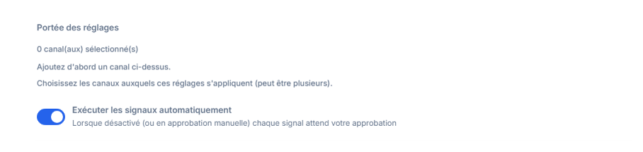 Haut de la Configuration Forex : Portée des réglages et interrupteur Exécuter les signaux automatiquement activé