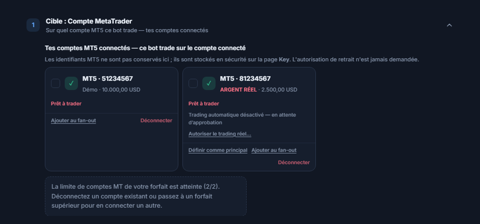 Comptes MT5 connectés : une carte de compte démo et une de compte réel ; sur le compte réel, la note Trading automatique désactivé — en attente d’approbation et le bouton Autoriser le trading réel