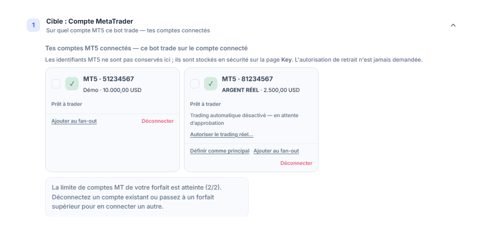 Comptes MT5 connectés : une carte de compte démo et une de compte réel ; sur le compte réel, la note Trading automatique désactivé — en attente d’approbation et le bouton Autoriser le trading réel