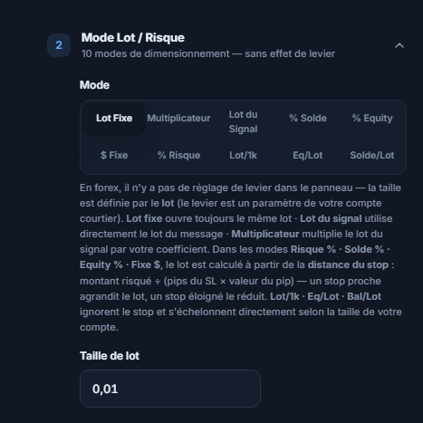Section Mode Lot / Risque : Lot Fixe sélectionné et champ Taille de lot à 0.01
