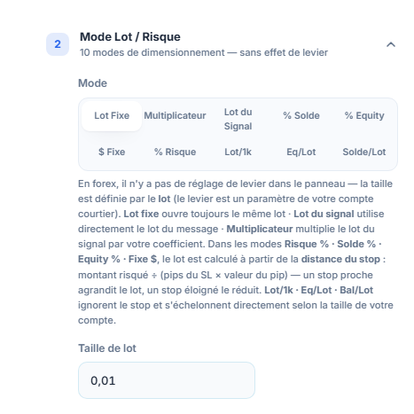 Section Mode Lot / Risque : Lot Fixe sélectionné et champ Taille de lot à 0.01
