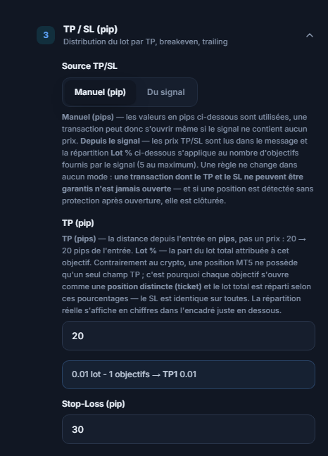 Section TP / SL (pip) : Source TP/SL Manuel (pip) sélectionnée, TP (pip) 20 et Stop-Loss (pip) 30