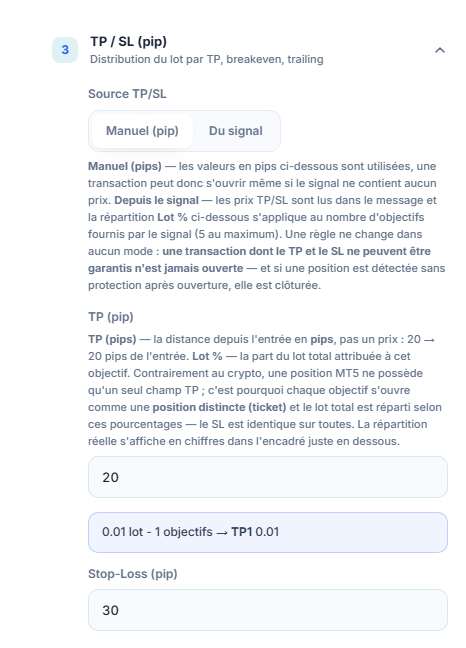 Section TP / SL (pip) : Source TP/SL Manuel (pip) sélectionnée, TP (pip) 20 et Stop-Loss (pip) 30