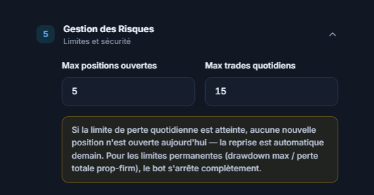 Gestion des Risques : Max positions ouvertes 5 et Max trades quotidiens 15