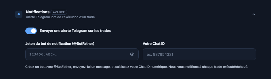 Notifications : interrupteur d'alerte Telegram activé, champs du jeton du bot et Chat ID