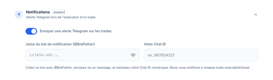 Notifications : interrupteur d'alerte Telegram activé, champs du jeton du bot et Chat ID