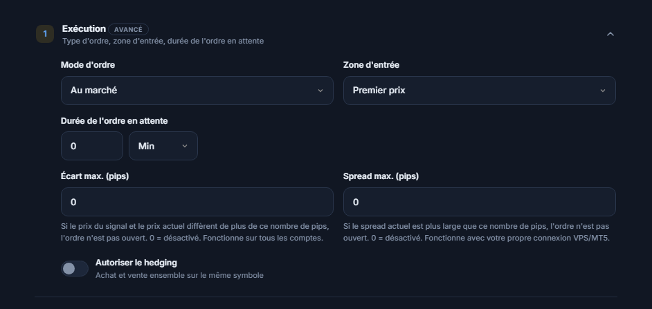 Section Exécution : Mode d'ordre, Zone d'entrée, Durée de l'ordre en attente, Écart max., Spread max. et interrupteur Autoriser le hedging