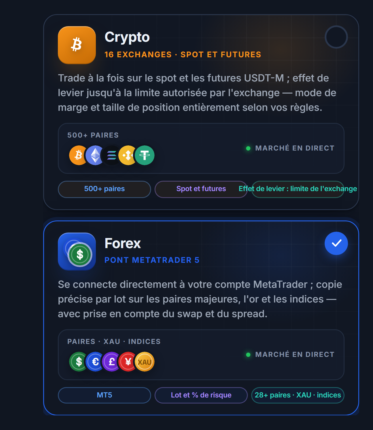 Choix du marché : cartes Crypto et Forex, carte Forex sélectionnée