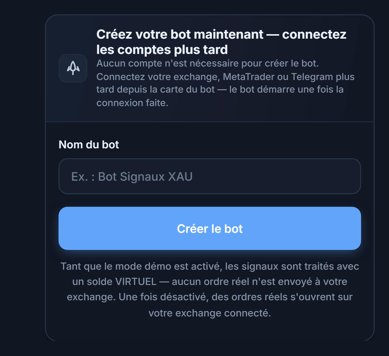 Panneau Créez votre bot maintenant : champ Nom du bot et bouton Créer le bot