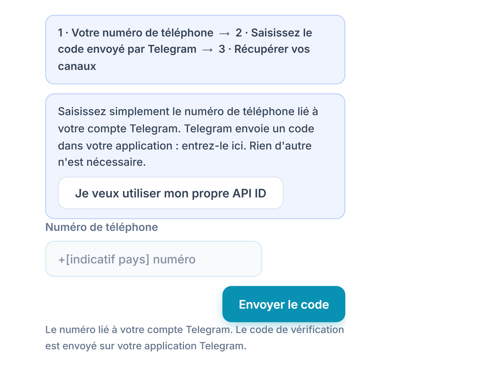 Connexion Telegram : barre d'étapes, champ Numéro de Téléphone et bouton Envoyer le code