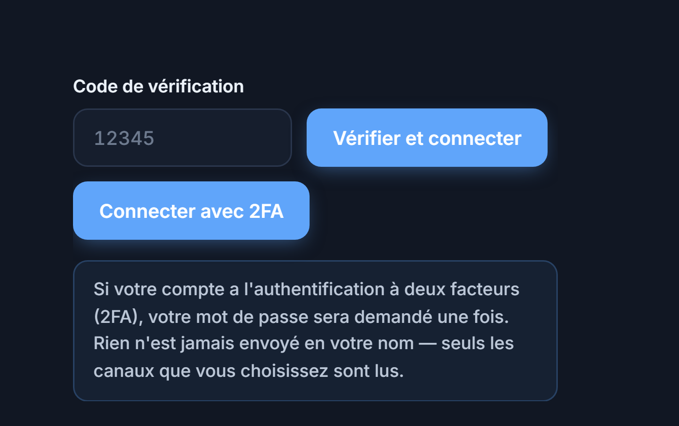 Champ Code de Vérification et bouton Vérifier et Connecter