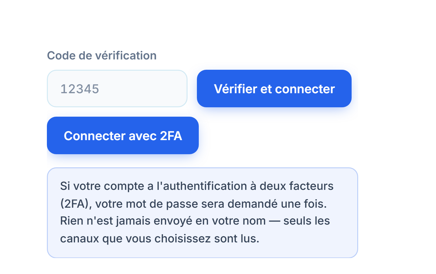 Champ Code de Vérification et bouton Vérifier et Connecter