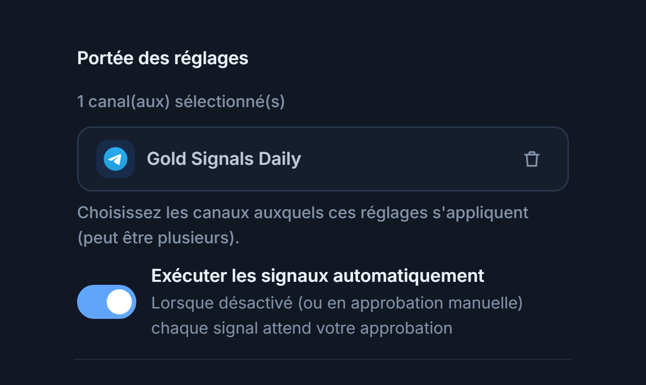 Section Portée des réglages après l'ajout d'un canal : compteur 1 canal sélectionné, puce de canal sélectionné avec coche verte et bouton de suppression sur la puce