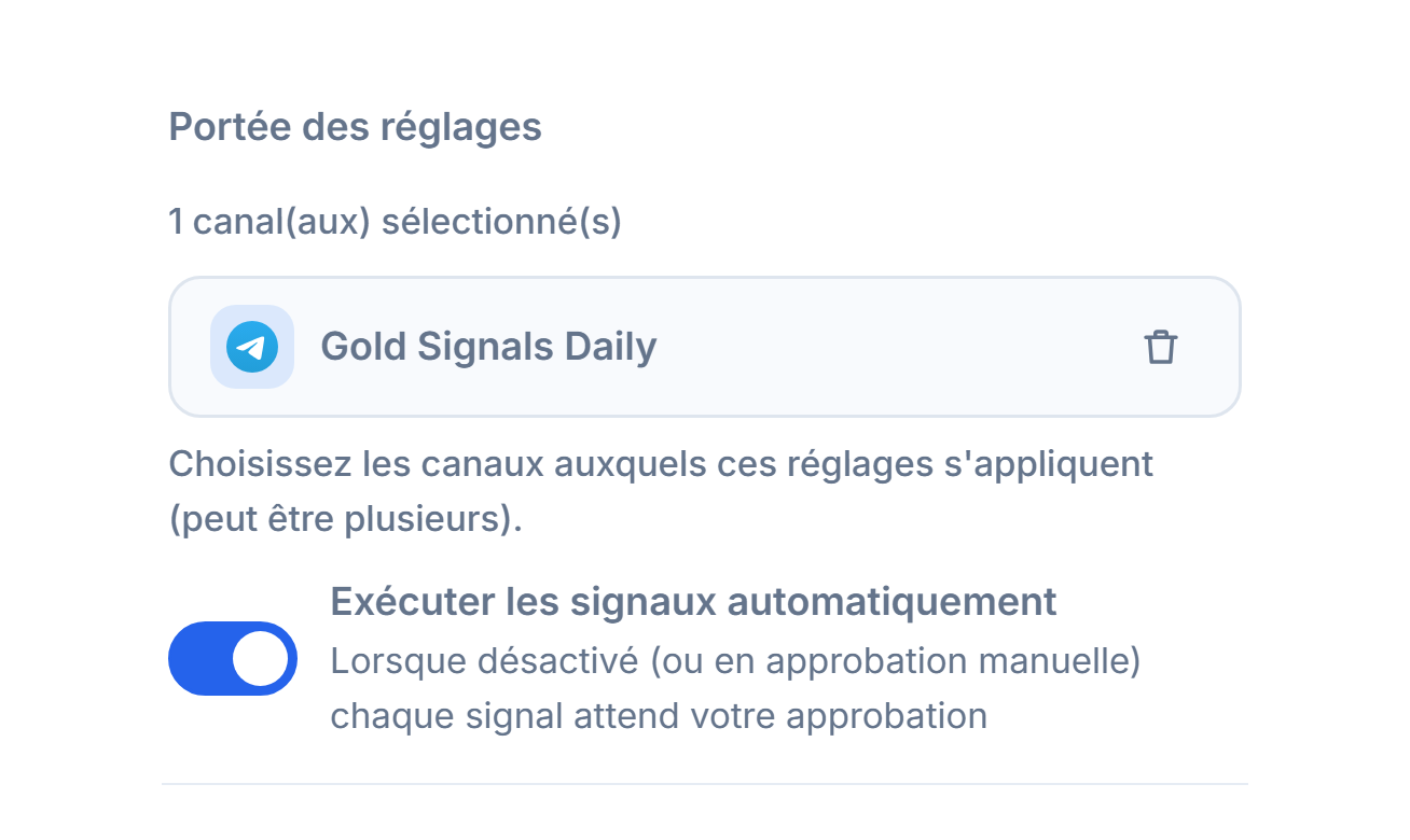 Section Portée des réglages après l'ajout d'un canal : compteur 1 canal sélectionné, puce de canal sélectionné avec coche verte et bouton de suppression sur la puce
