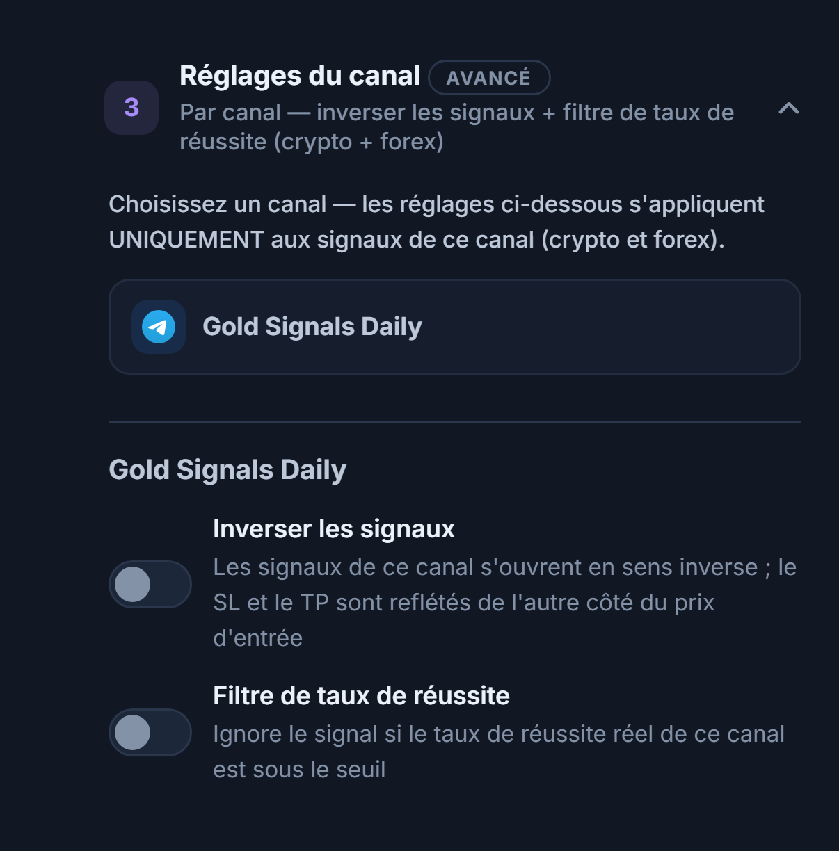 Accordéon Réglages du canal : ligne du canal sélectionné encadrée, en dessous les interrupteurs Inverser les signaux et Filtre de taux de réussite