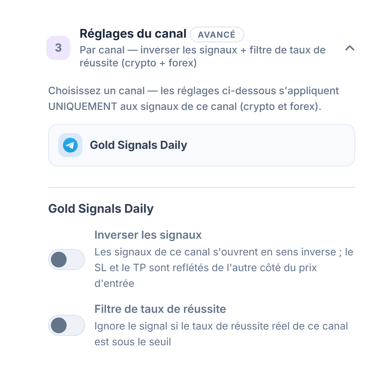 Accordéon Réglages du canal : ligne du canal sélectionné encadrée, en dessous les interrupteurs Inverser les signaux et Filtre de taux de réussite
