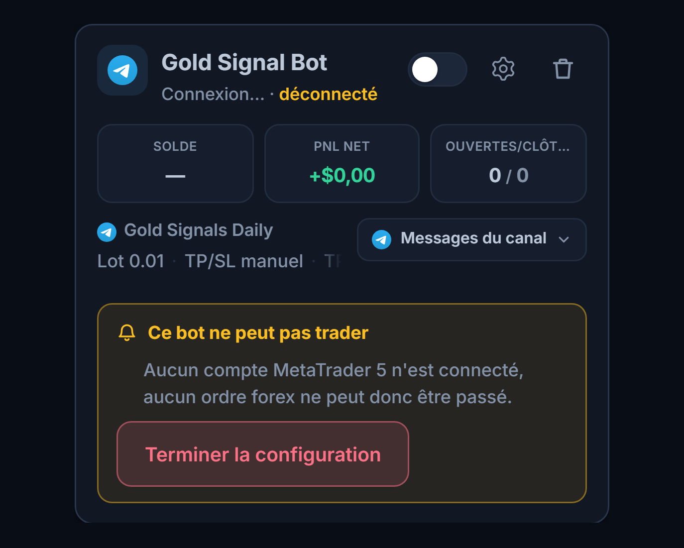 Carte d'un bot forex tout juste créé dans le panneau Mes bots : nom et source du bot, liste Ce bot ne peut pas trader et bouton Terminer la configuration