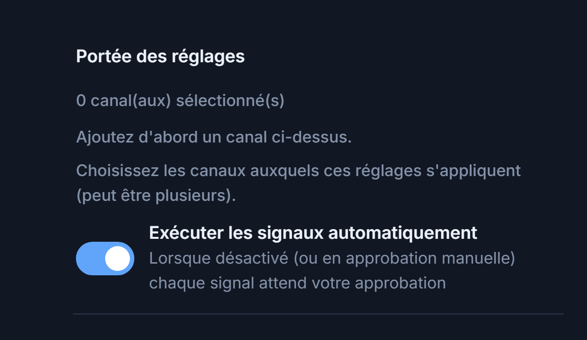 Haut de la Configuration Forex : Portée des réglages et interrupteur Exécuter les signaux automatiquement activé