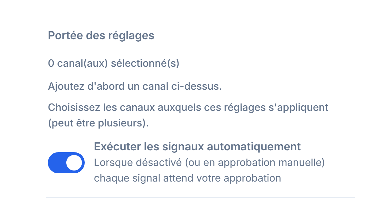 Haut de la Configuration Forex : Portée des réglages et interrupteur Exécuter les signaux automatiquement activé
