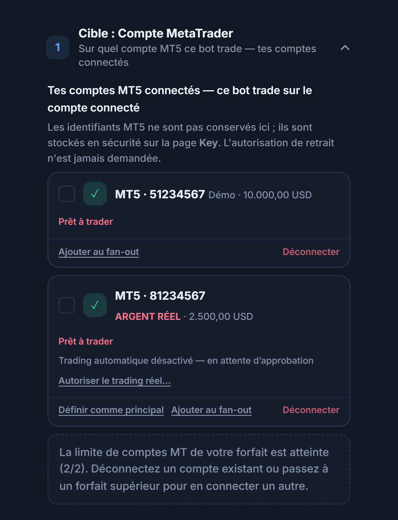 Comptes MT5 connectés : une carte de compte démo et une de compte réel ; sur le compte réel, la note Trading automatique désactivé — en attente d’approbation et le bouton Autoriser le trading réel