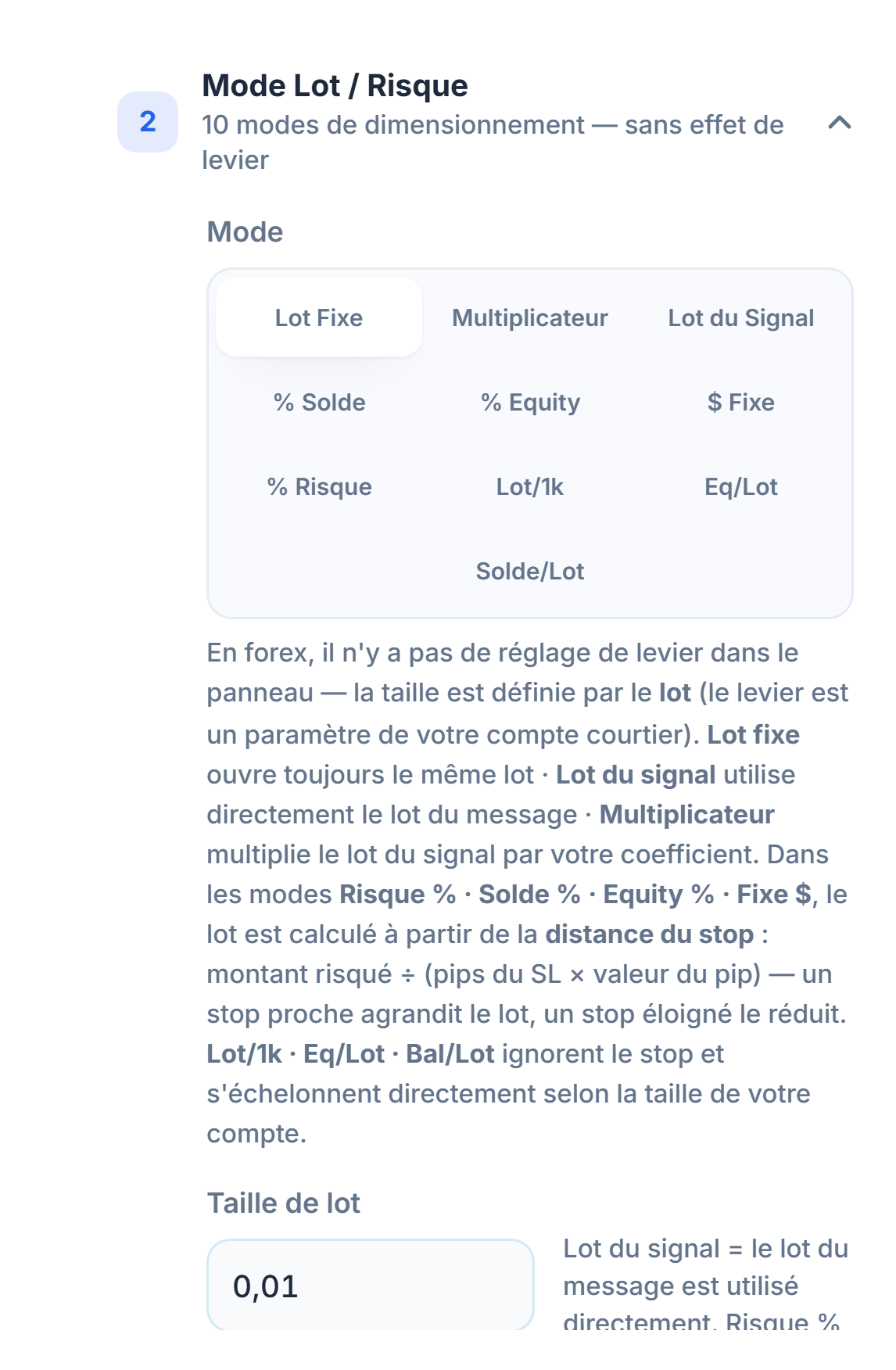 Section Mode Lot / Risque : Lot Fixe sélectionné et champ Taille de lot à 0.01
