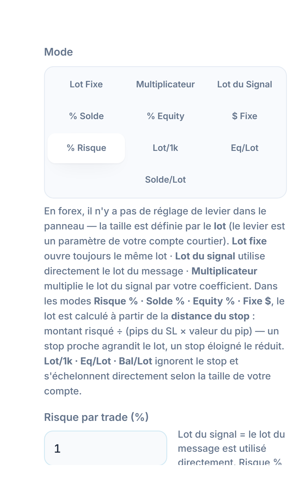 Mode Lot / Risque : % Risque sélectionné et champ Risque par trade (%)