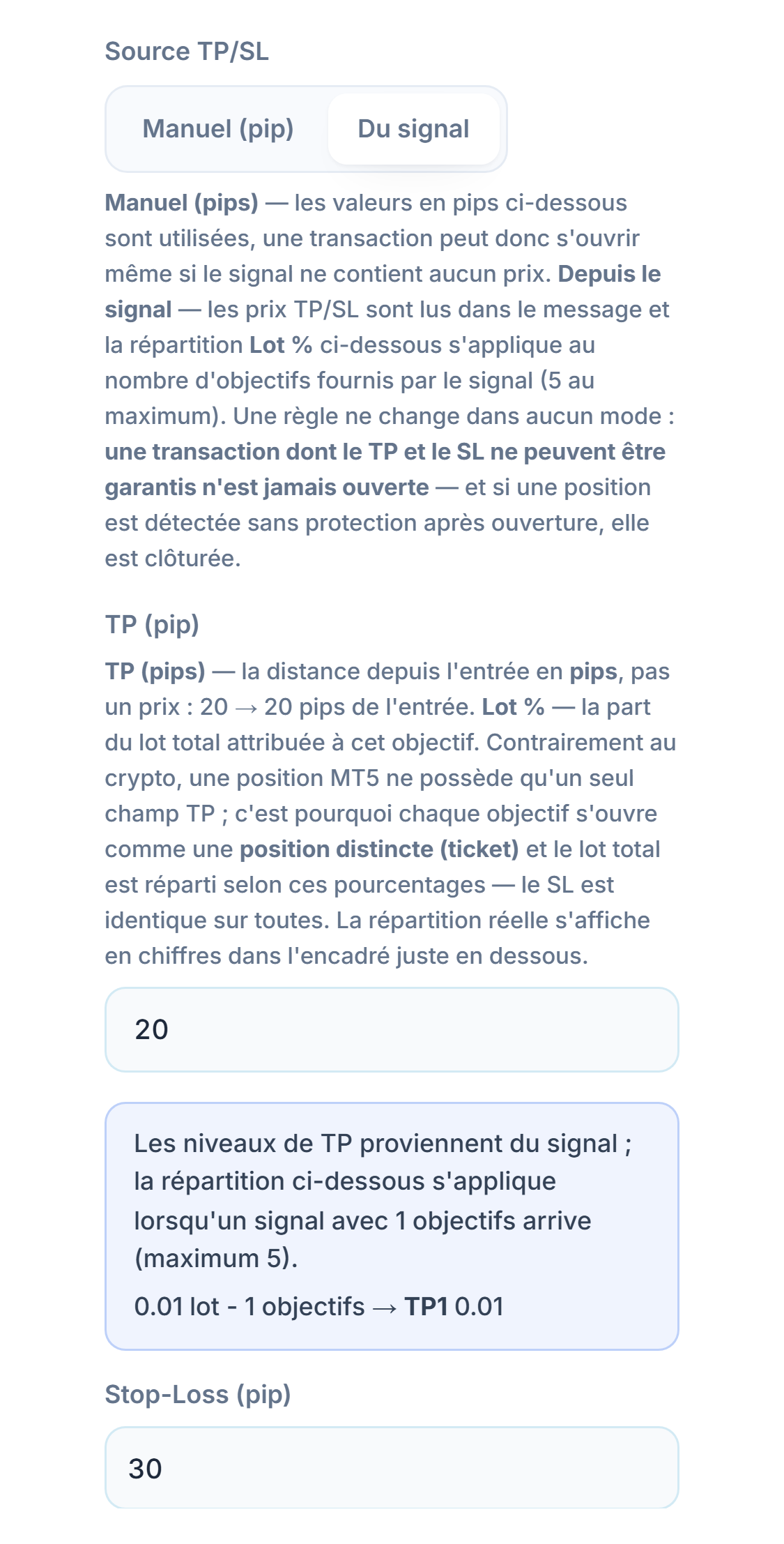 TP / SL (pip) : Source TP/SL Du signal sélectionnée