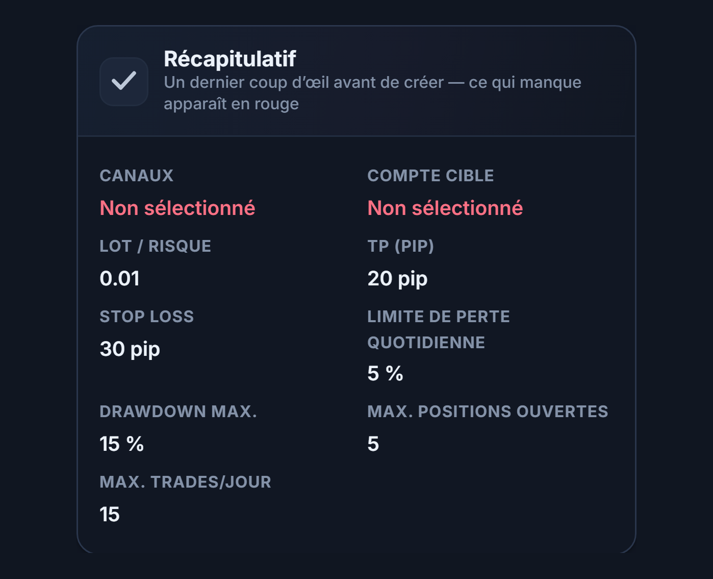 Récapitulatif : les champs Canal et Compte cible en rouge Non sélectionné, puis les valeurs de Lot, TP, Stop-Loss, perte journalière et limites