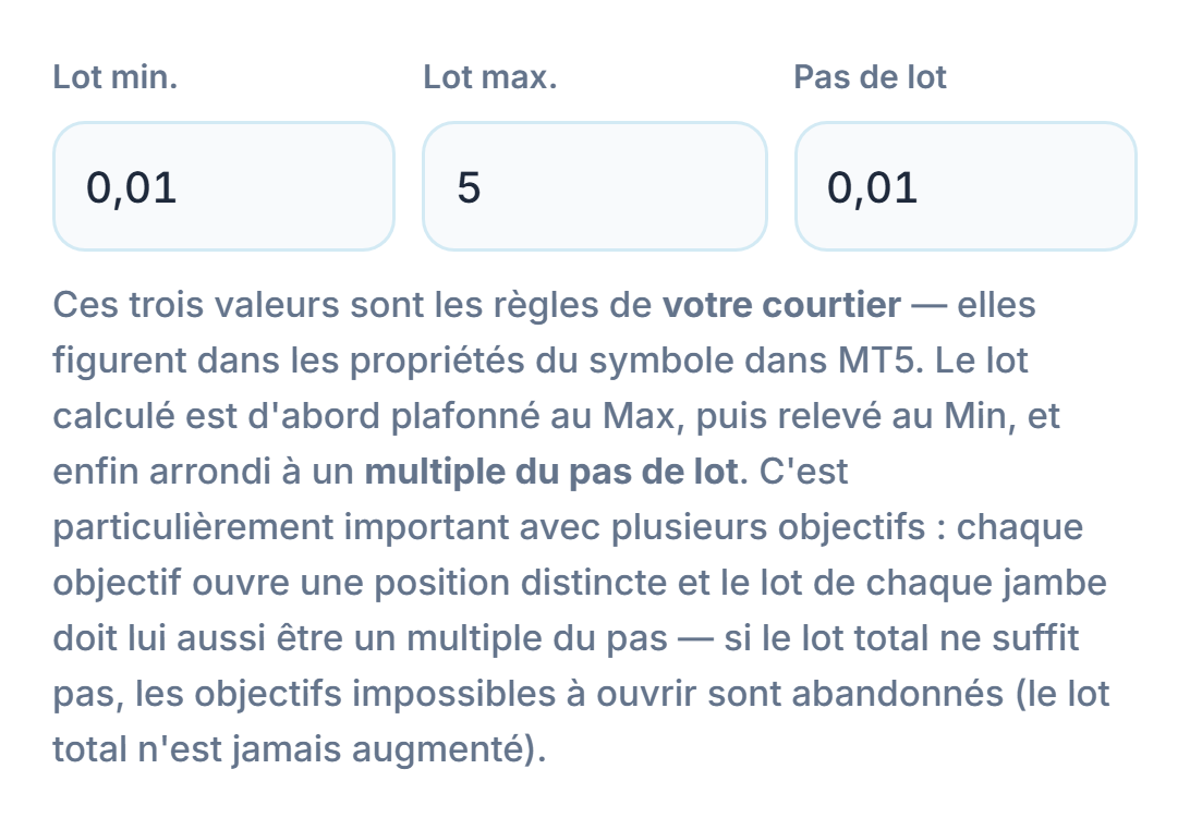 Champs Lot min. 0.01, Lot max. 5 et Pas de lot 0.01