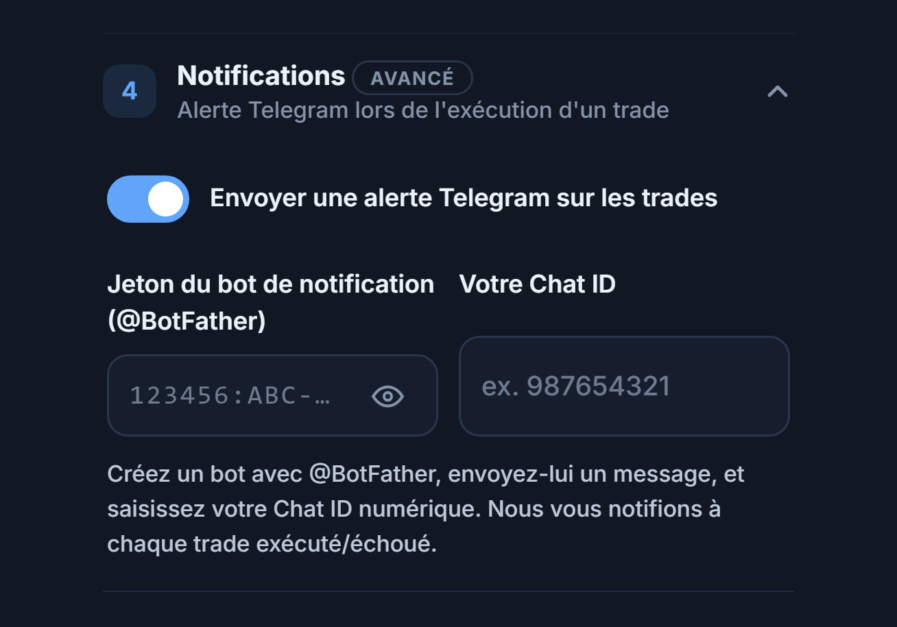 Notifications : interrupteur d'alerte Telegram activé, champs du jeton du bot et Chat ID
