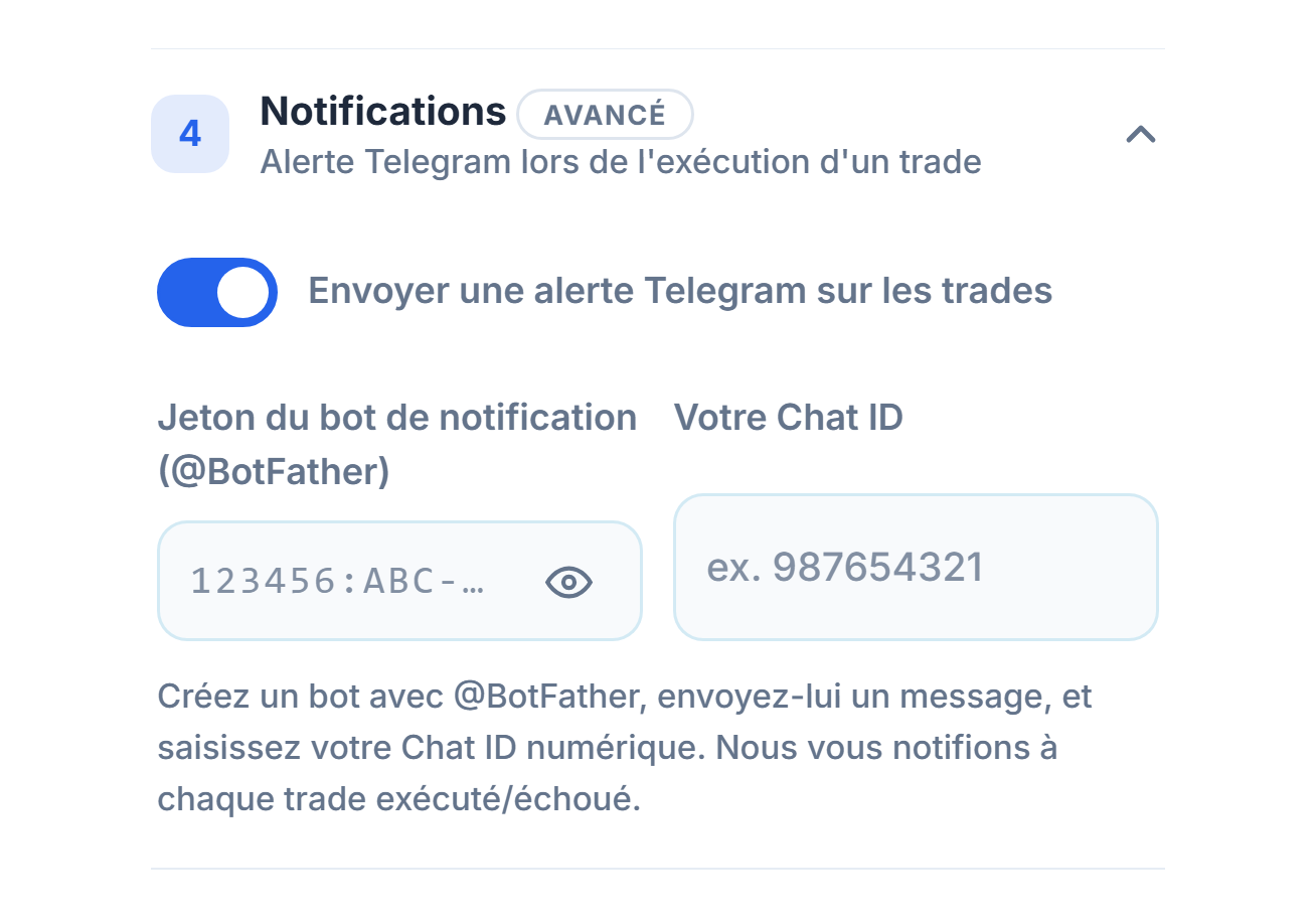 Notifications : interrupteur d'alerte Telegram activé, champs du jeton du bot et Chat ID