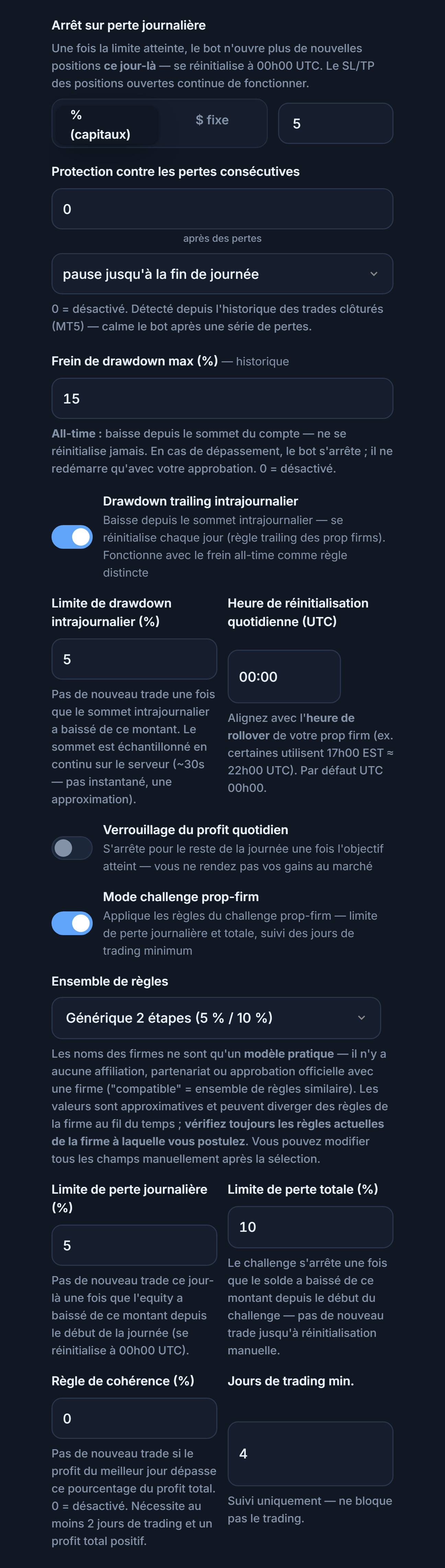 Bouclier de Protection avancé : arrêt sur perte journalière, protection contre les pertes consécutives, drawdown max., drawdown trailing intrajournalier, verrouillage du profit quotidien, mode challenge prop-firm et ensemble de règles