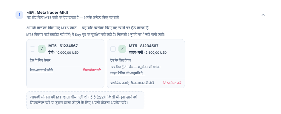 कनेक्टेड MT5 खाते: एक डेमो और एक लाइव खाते का कार्ड; लाइव खाते में स्वचालित ट्रेडिंग बंद — अनुमोदन की प्रतीक्षा का नोट और लाइव ट्रेडिंग की अनुमति दें बटन