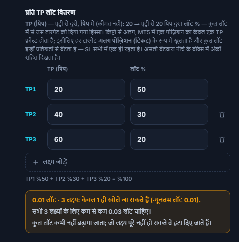 नारंगी चेतावनी: 0.01 lot 3 लक्ष्य, केवल 1 लक्ष्य खुल सकता है; 3 लक्ष्यों के लिए कम से कम 0.03 lot चाहिए