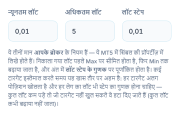 न्यूनतम लॉट 0.01, अधिकतम लॉट 5 और लॉट स्टेप 0.01 फ़ील्ड