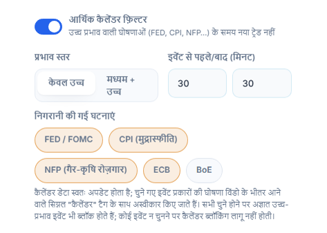 आर्थिक कैलेंडर फ़िल्टर: स्विच चालू, प्रभाव स्तर, ख़बर से पहले और बाद के मिनट, इवेंट के प्रकार