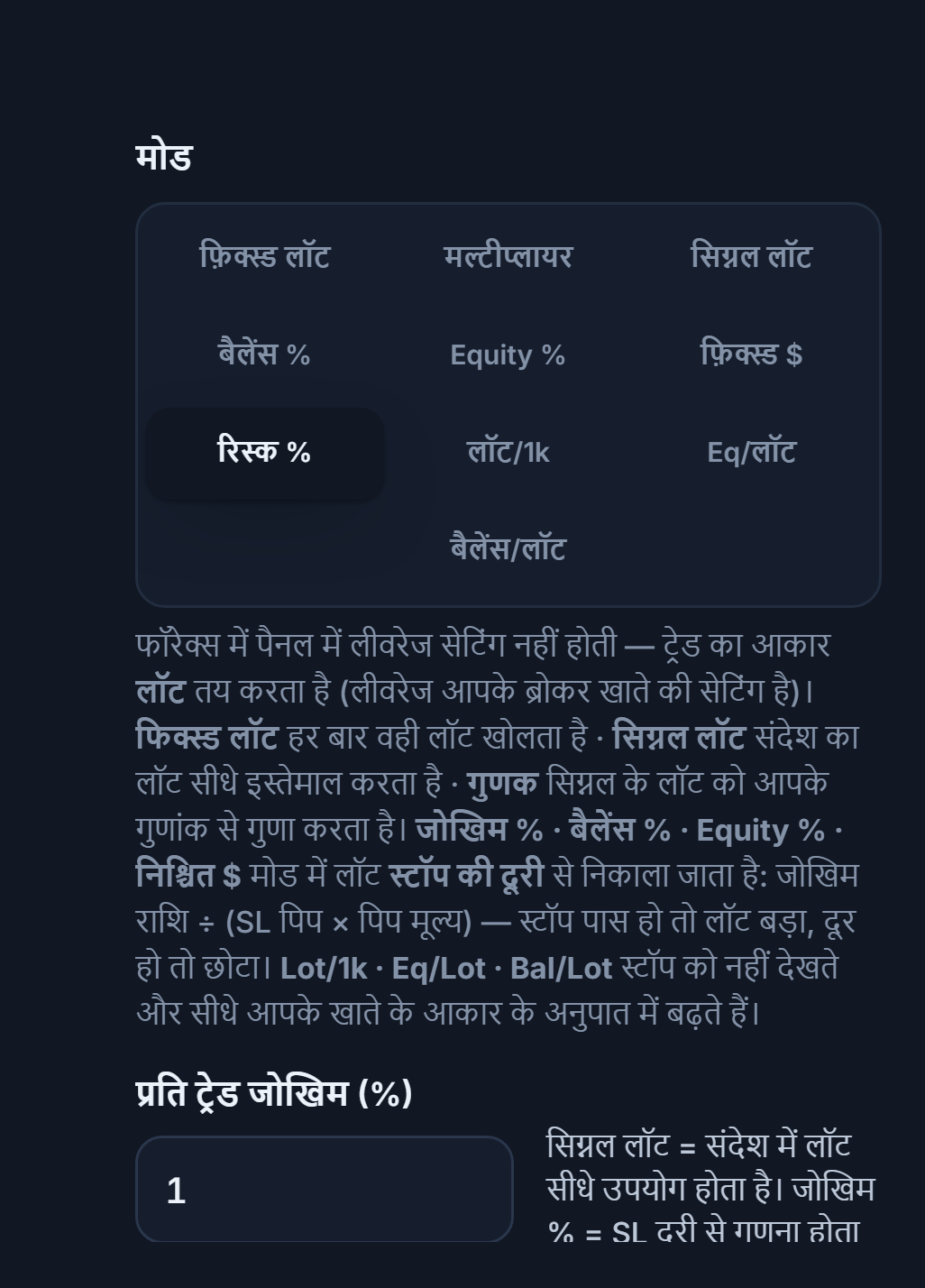 लॉट / जोखिम मोड: रिस्क % चुना हुआ और प्रति ट्रेड जोखिम (%) फ़ील्ड