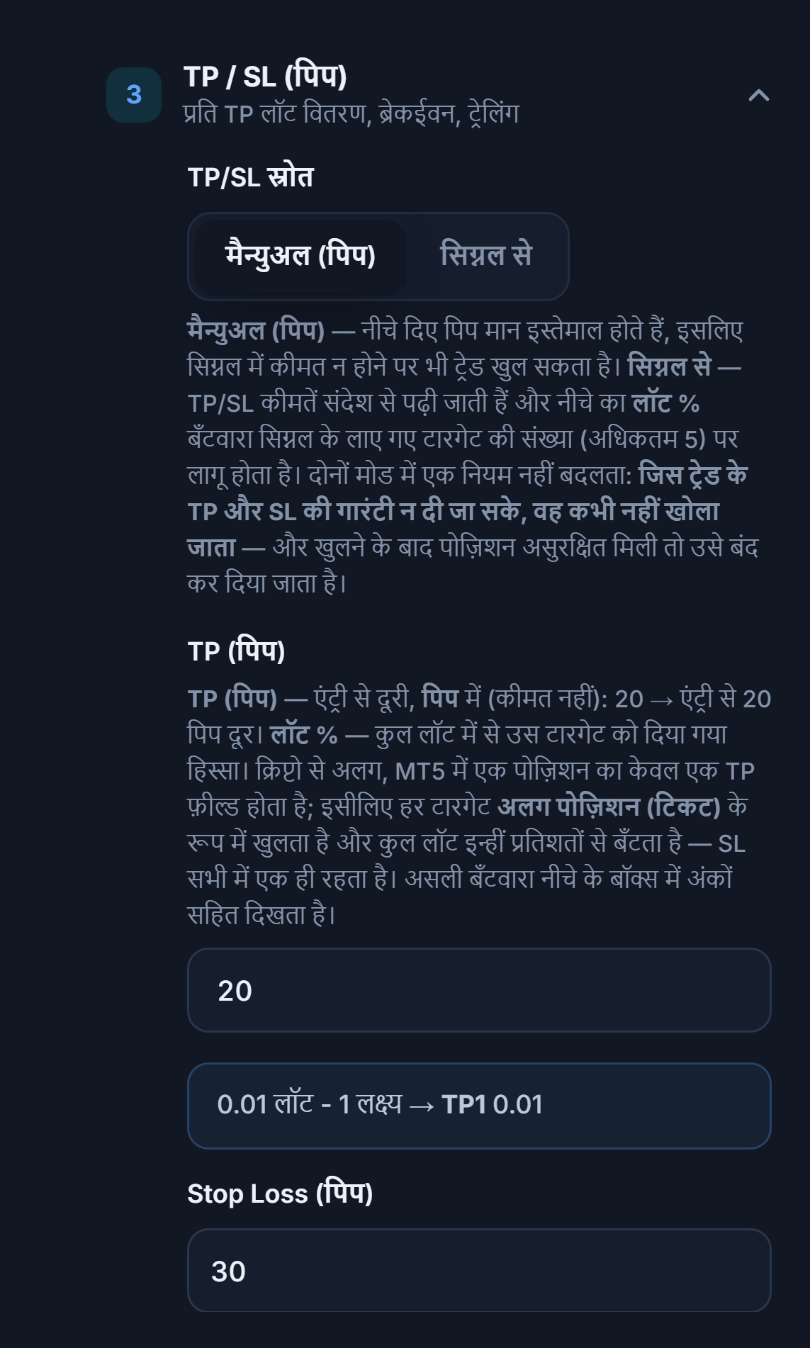 TP / SL (पिप) सेक्शन: TP/SL स्रोत मैन्युअल (पिप) चुना हुआ, TP (पिप) 20 और Stop Loss (पिप) 30