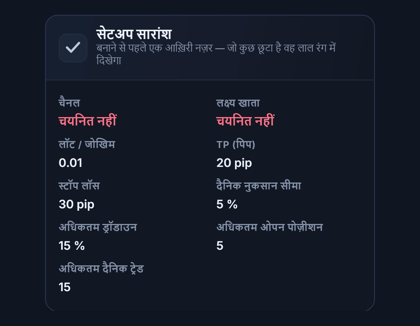सेटअप सारांश: चैनल और लक्ष्य खाता फ़ील्ड लाल रंग में चयनित नहीं, लॉट, TP, Stop Loss, दैनिक नुकसान और सीमा की वैल्यू