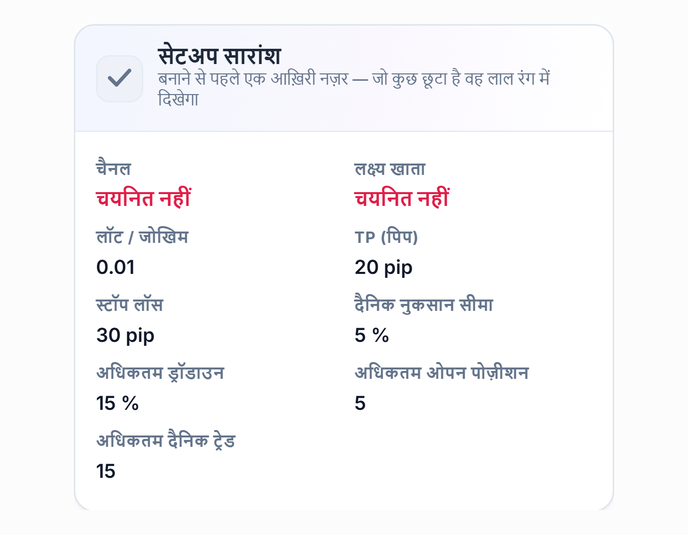 सेटअप सारांश: चैनल और लक्ष्य खाता फ़ील्ड लाल रंग में चयनित नहीं, लॉट, TP, Stop Loss, दैनिक नुकसान और सीमा की वैल्यू