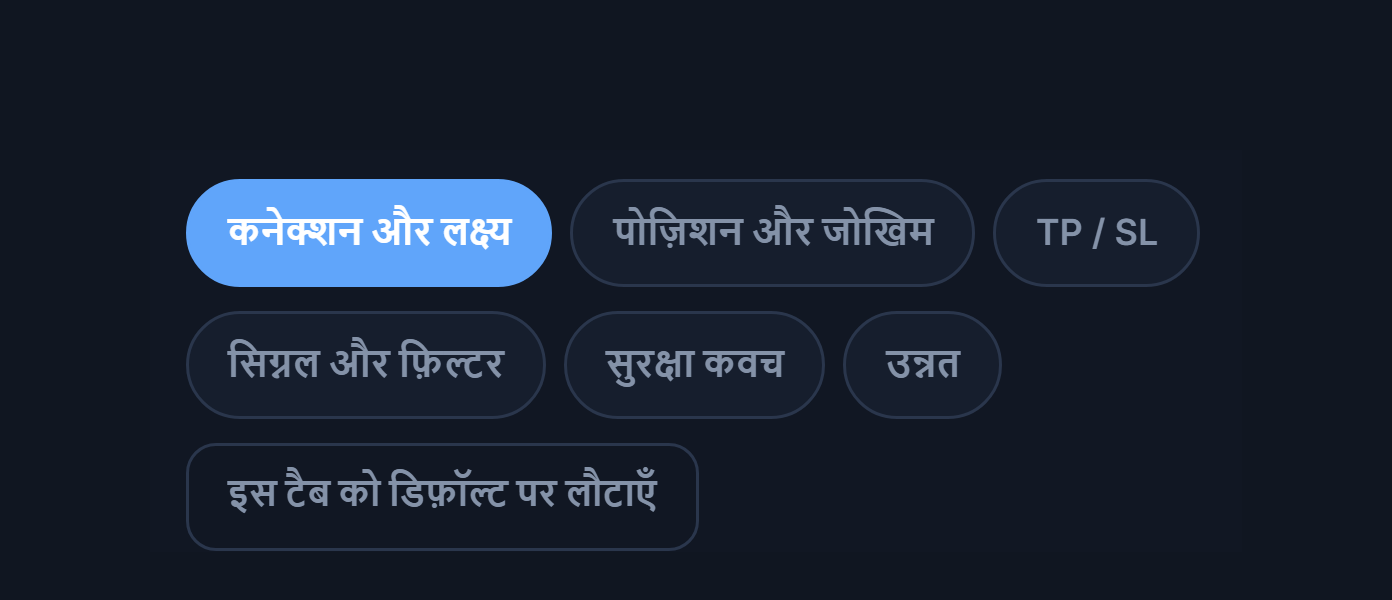 उन्नत सेटअप के टैब: कनेक्शन, पोज़िशन, TP और SL, सिग्नल, सुरक्षा, उन्नत और डिफ़ॉल्ट पर लौटाएँ