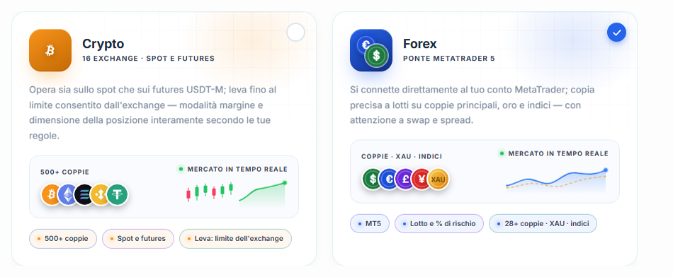 Scelta del mercato: schede Crypto e Forex, scheda Forex selezionata
