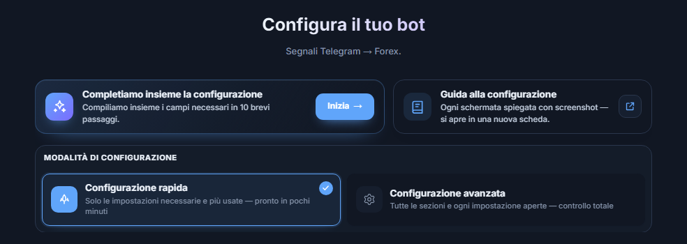 Parte superiore della schermata Configura il tuo bot: pulsante Inizia della guida alla configurazione, schede Configurazione rapida e Configurazione avanzata