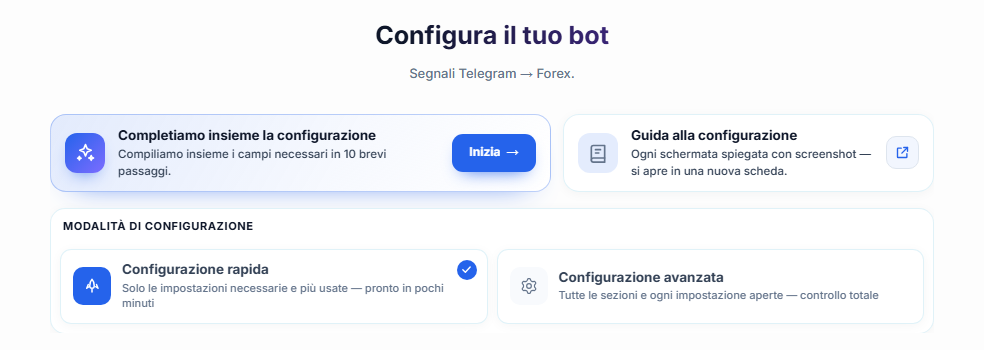 Parte superiore della schermata Configura il tuo bot: pulsante Inizia della guida alla configurazione, schede Configurazione rapida e Configurazione avanzata