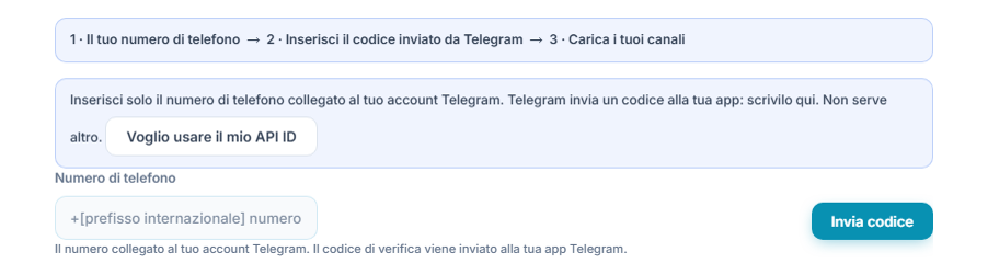 Collegamento Telegram: barra dei passaggi, campo Numero di telefono e pulsante Invia codice