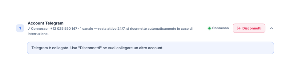 Sezione Account Telegram dopo il collegamento: badge verde Connesso, pulsante Disconnetti e nota di Telegram collegato