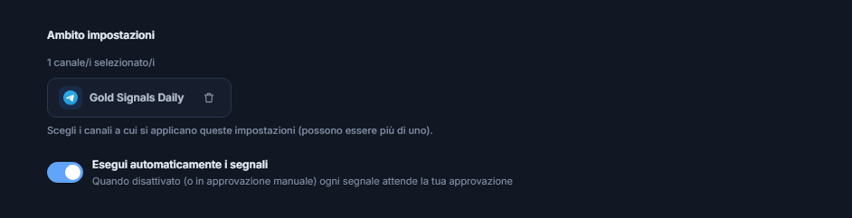 Sezione Ambito impostazioni dopo l'aggiunta di un canale: contatore 1 canale selezionato, chip del canale selezionato con segno di spunta verde e pulsante di rimozione sul chip